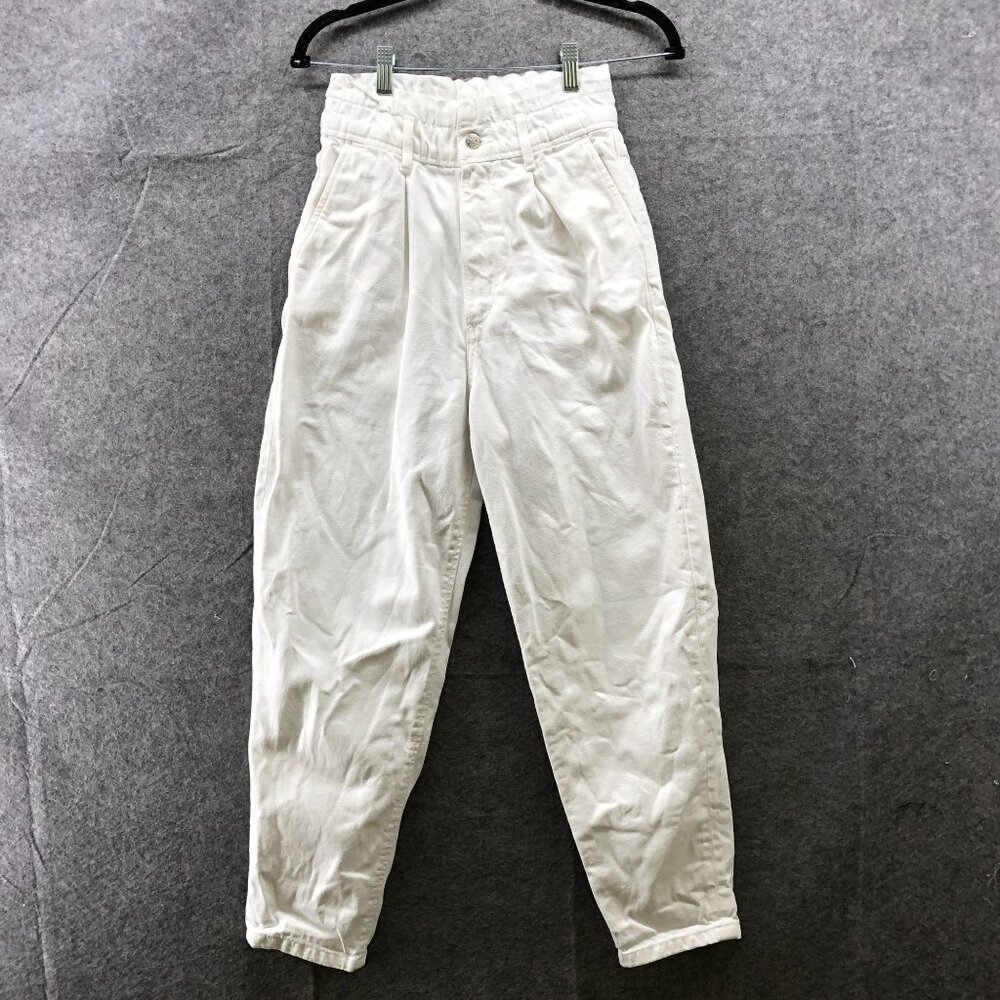 Zara Paperbag Mom Jeans Womens XS White High Waisted Baggy Cotton Pleated